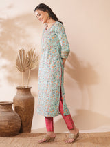 Women's Blue Daily Embroidered Knee Length Three Quarter Sleeves Kurta