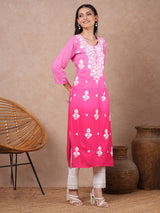 Women's Pink Daily Knee Length Three Quarter Sleeves Kurta