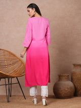 Women's Pink Daily Knee Length Three Quarter Sleeves Kurta