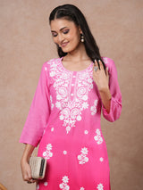 Women's Pink Daily Knee Length Three Quarter Sleeves Kurta