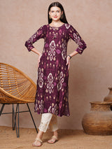 Women's Purple Daily Printed Calf Length Three Quarter Sleeves Kurta