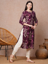 Women's Purple Daily Printed Calf Length Three Quarter Sleeves Kurta