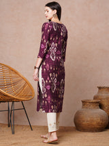 Women's Purple Daily Printed Calf Length Three Quarter Sleeves Kurta