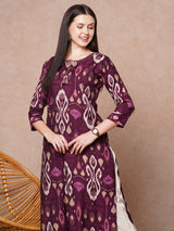 Women's Purple Daily Printed Calf Length Three Quarter Sleeves Kurta