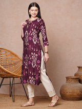 Women's Purple Daily Printed Calf Length Three Quarter Sleeves Kurta