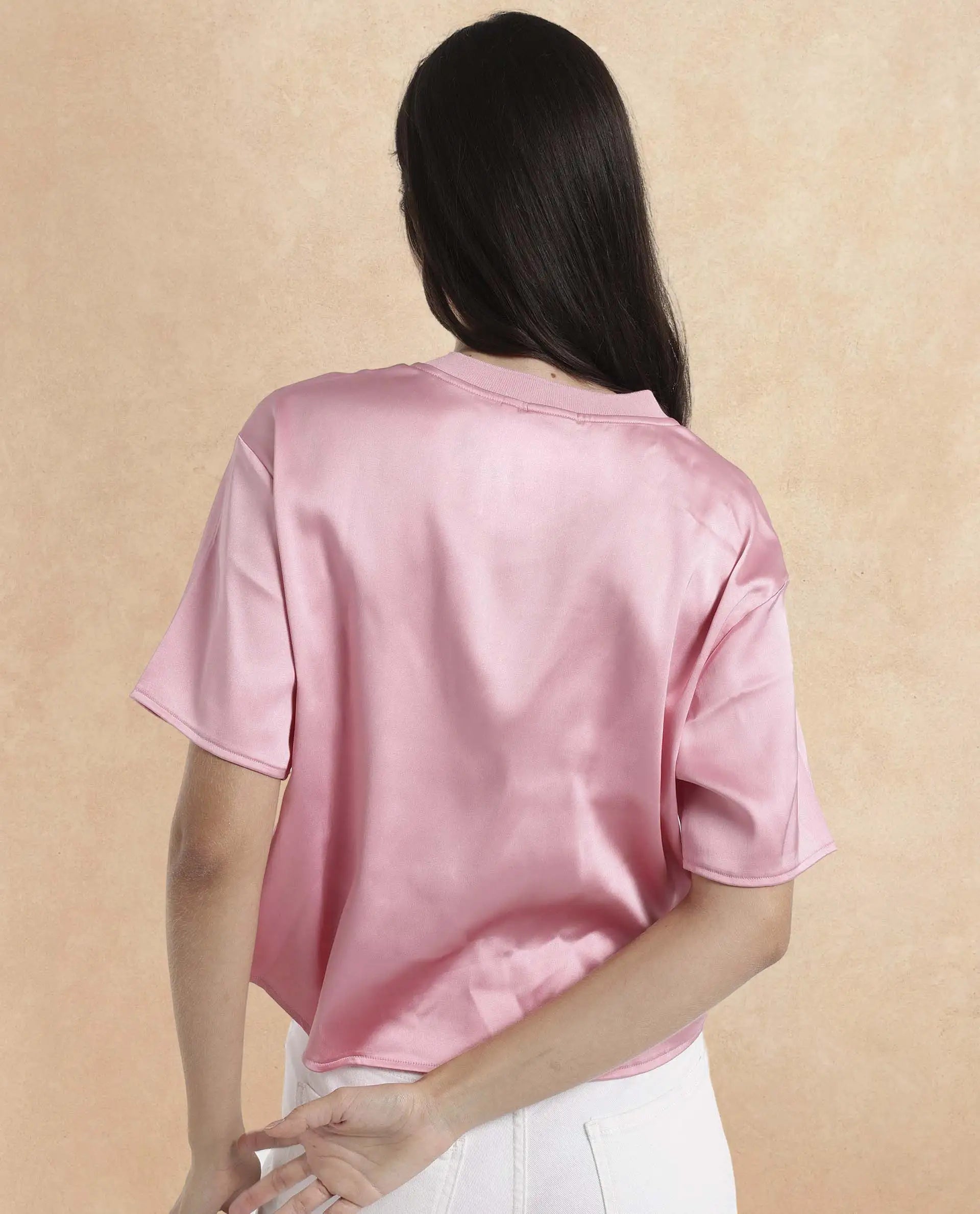 Women's Karuno Pink Short Sleeve Ribbed Collar Boxy Fit Plain Top