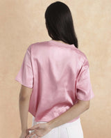 Women's Karuno Pink Short Sleeve Ribbed Collar Boxy Fit Plain Top