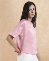 Women's Karuno Pink Short Sleeve Ribbed Collar Boxy Fit Plain Top
