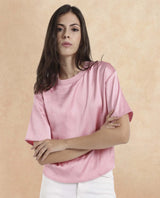 Women's Karuno Pink Short Sleeve Ribbed Collar Boxy Fit Plain Top