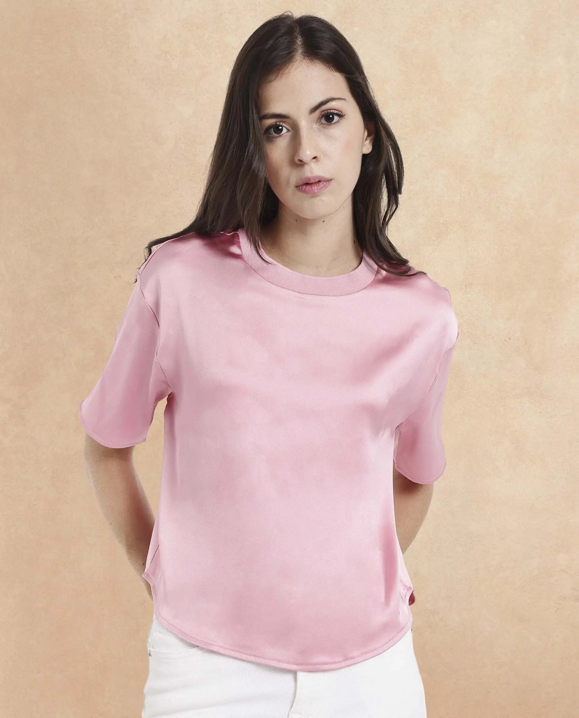 Women's Karuno Pink Short Sleeve Ribbed Collar Boxy Fit Plain Top