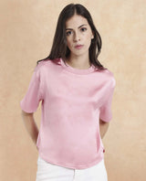Women's Karuno Pink Short Sleeve Ribbed Collar Boxy Fit Plain Top