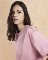 Women's Karuno Pink Short Sleeve Ribbed Collar Boxy Fit Plain Top