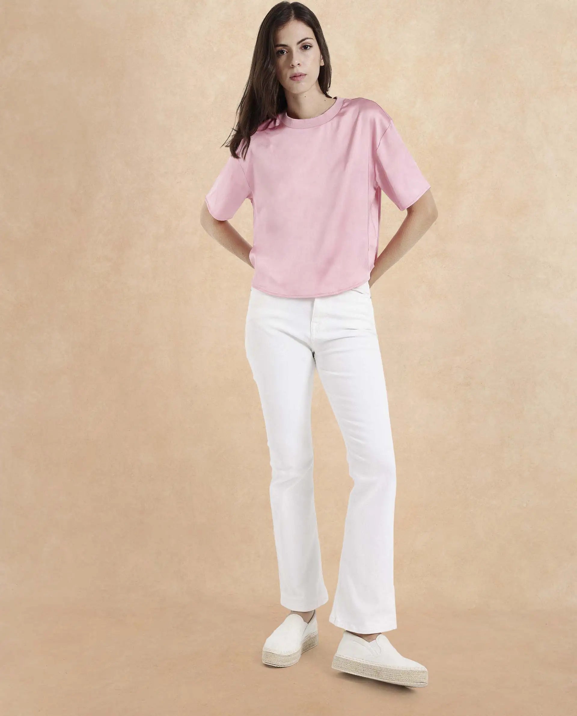 Women's Karuno Pink Short Sleeve Ribbed Collar Boxy Fit Plain Top
