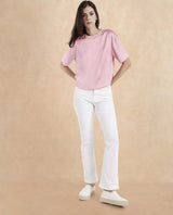 Women's Karuno Pink Short Sleeve Ribbed Collar Boxy Fit Plain Top