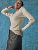 Women's Off White Pearl Collar Knit Top