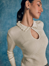 Women's Off White Pearl Collar Knit Top