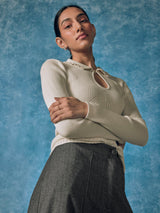 Women's Off White Pearl Collar Knit Top