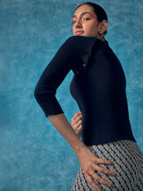 Women's Navy Detachable Sleeve Knit Top
