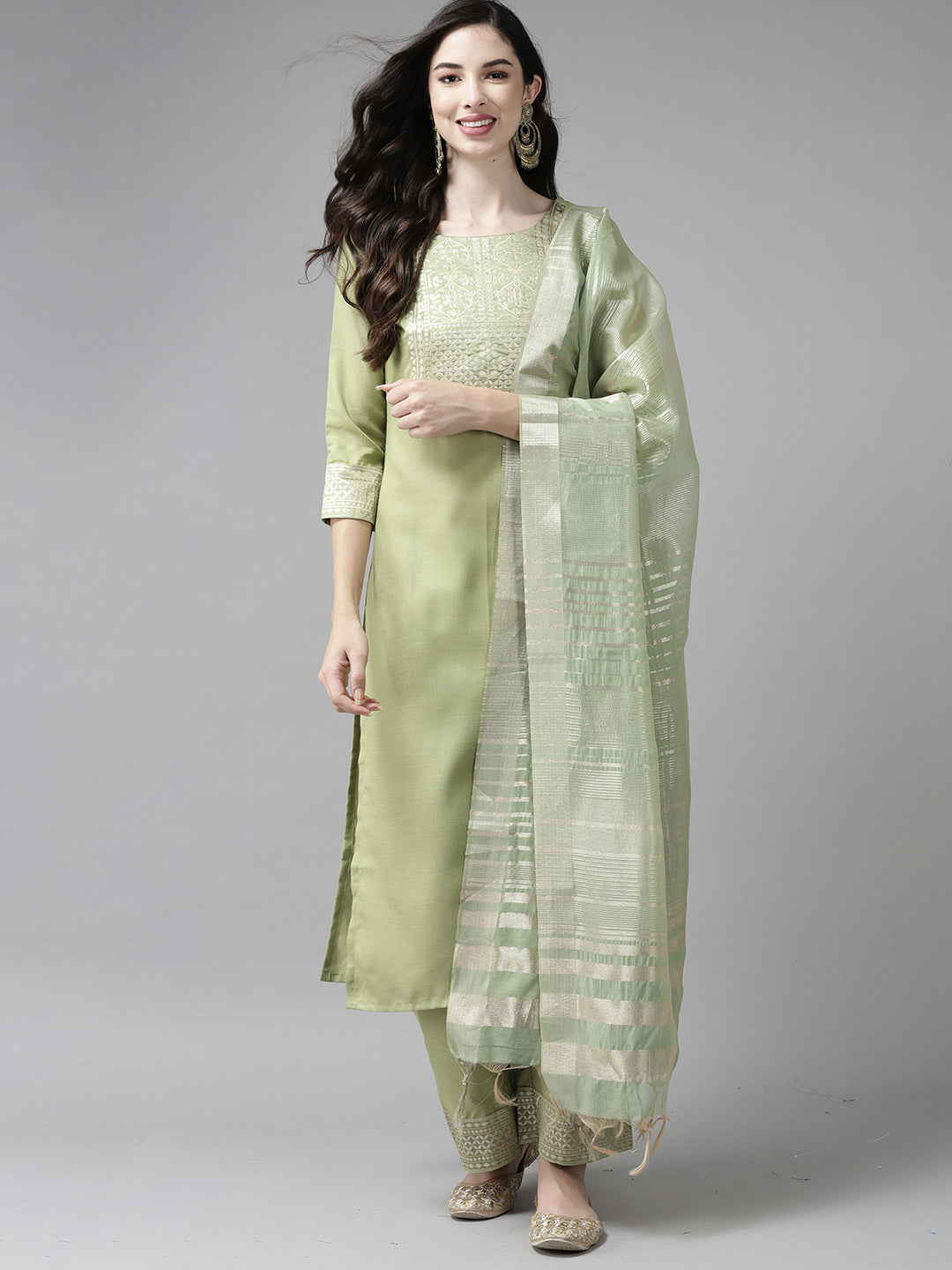 Women's Solid Green Straight Kurta Palazzo with Dupatta Set