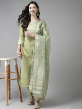 Women's Solid Green Straight Kurta Palazzo with Dupatta Set