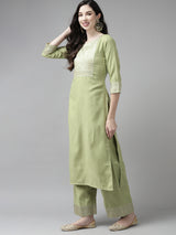 Women's Solid Green Straight Kurta Palazzo with Dupatta Set