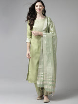 Women's Solid Green Straight Kurta Palazzo with Dupatta Set