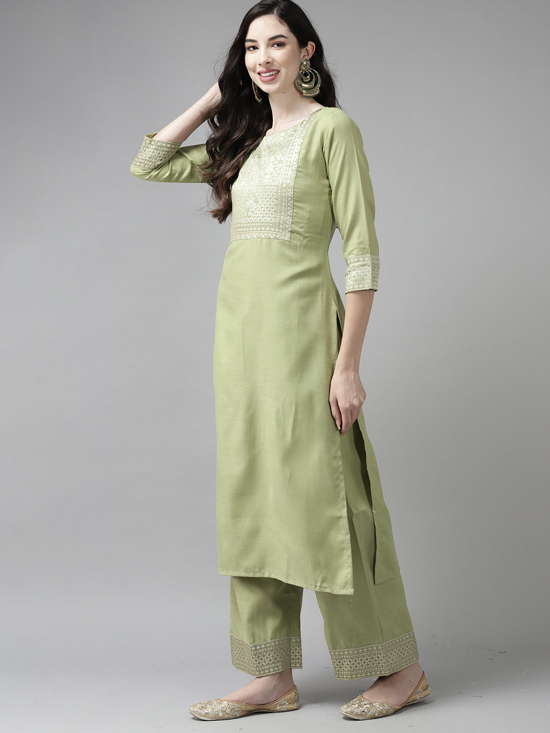 Women's Solid Green Straight Kurta Palazzo with Dupatta Set