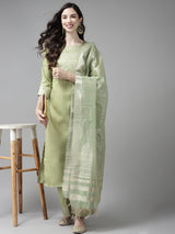 Women's Solid Green Straight Kurta Palazzo with Dupatta Set