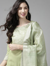 Women's Solid Green Straight Kurta Palazzo with Dupatta Set
