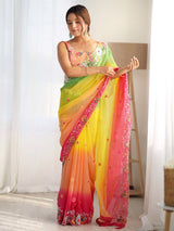 Women's Georgette Multicolored Embellished Designer Saree with Blouse Piece