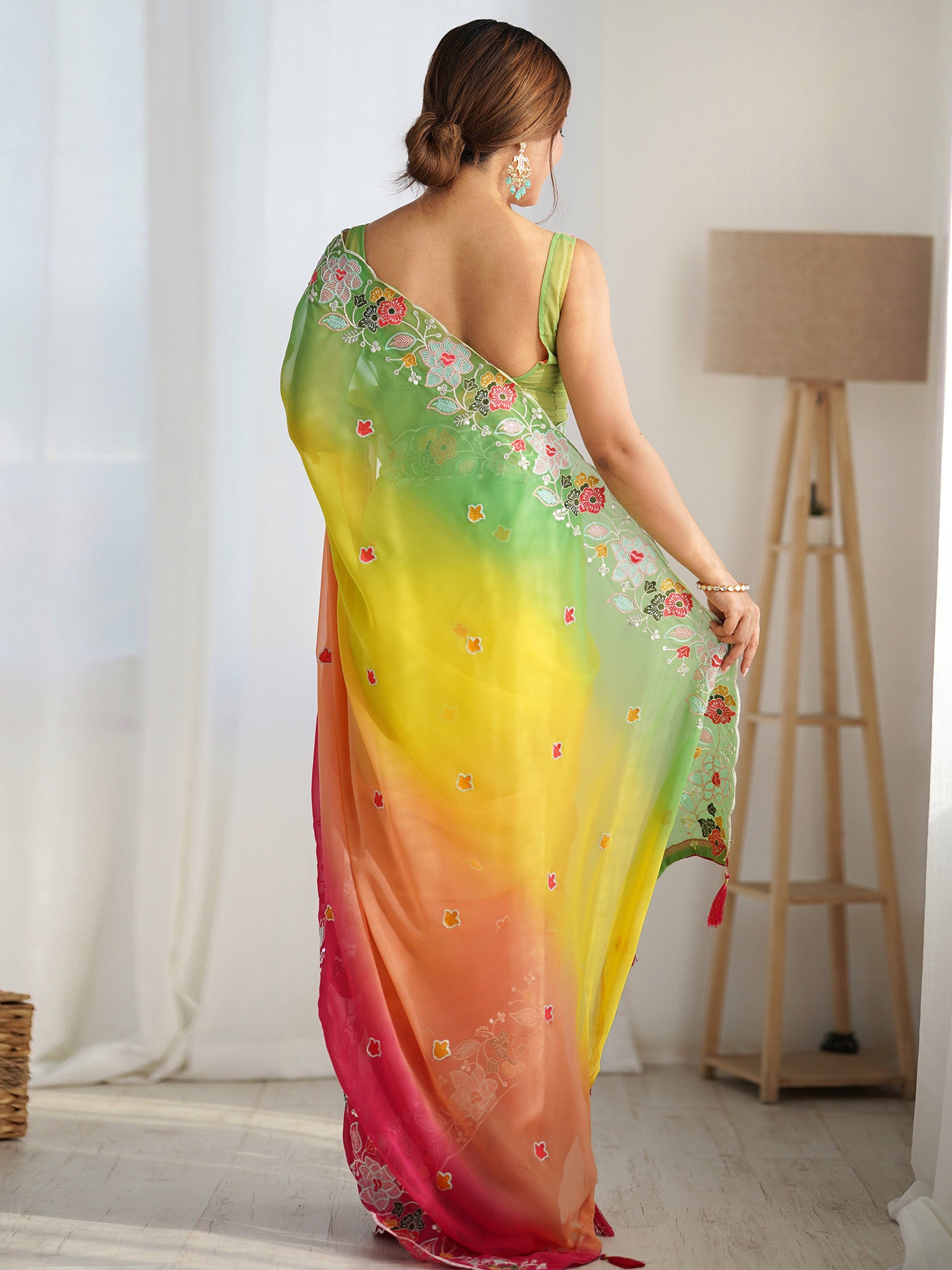 Women's Georgette Multicolored Embellished Designer Saree with Blouse Piece