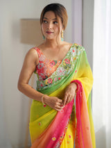 Women's Georgette Multicolored Embellished Designer Saree with Blouse Piece