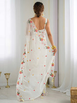 Women's Georgette White Embellished Designer Saree with Blouse Piece