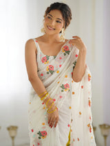 Women's Georgette White Embellished Designer Saree with Blouse Piece