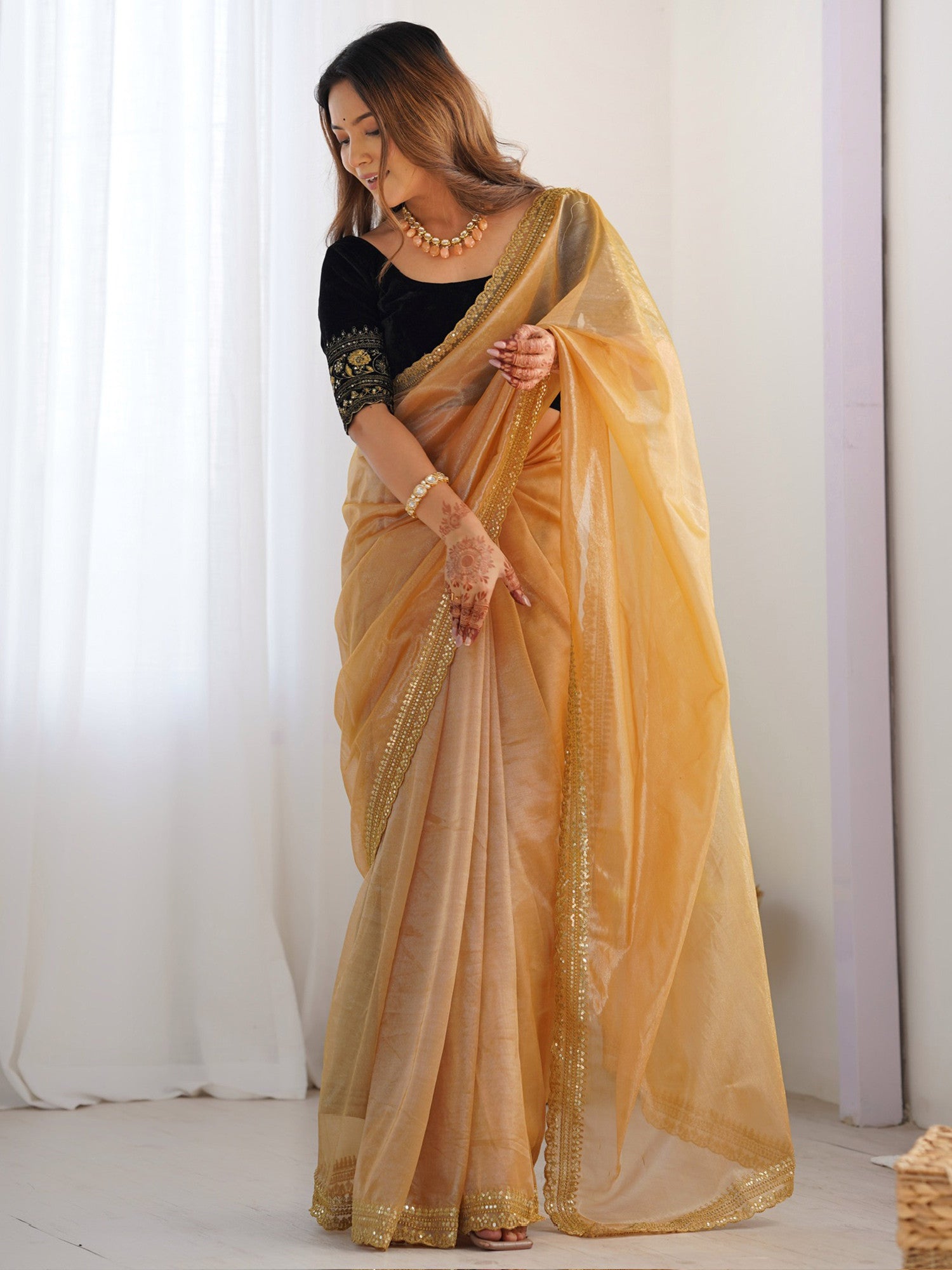 Women's Net Gold Embellished Designer Saree with Blouse Piece