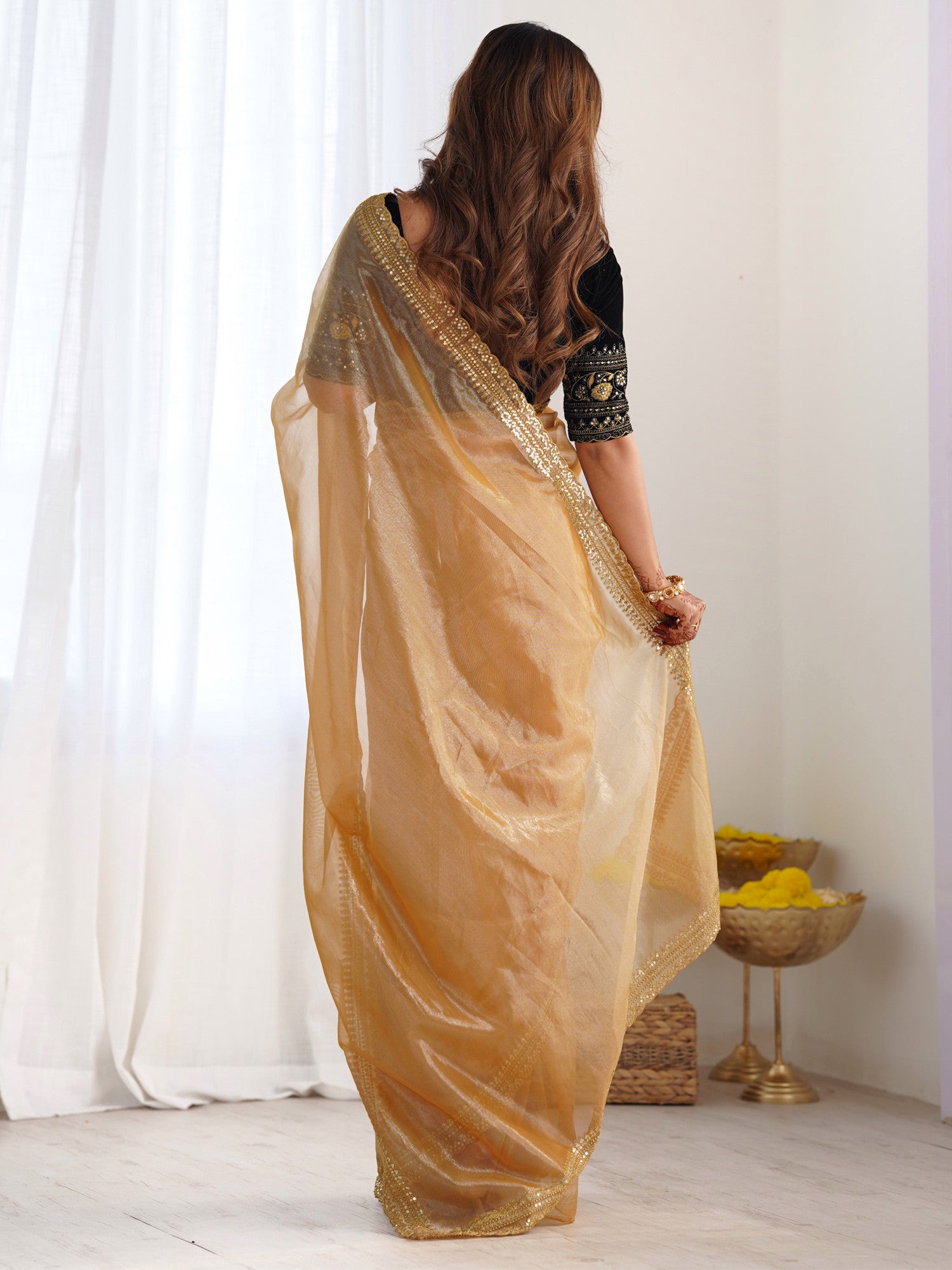 Women's Net Gold Embellished Designer Saree with Blouse Piece
