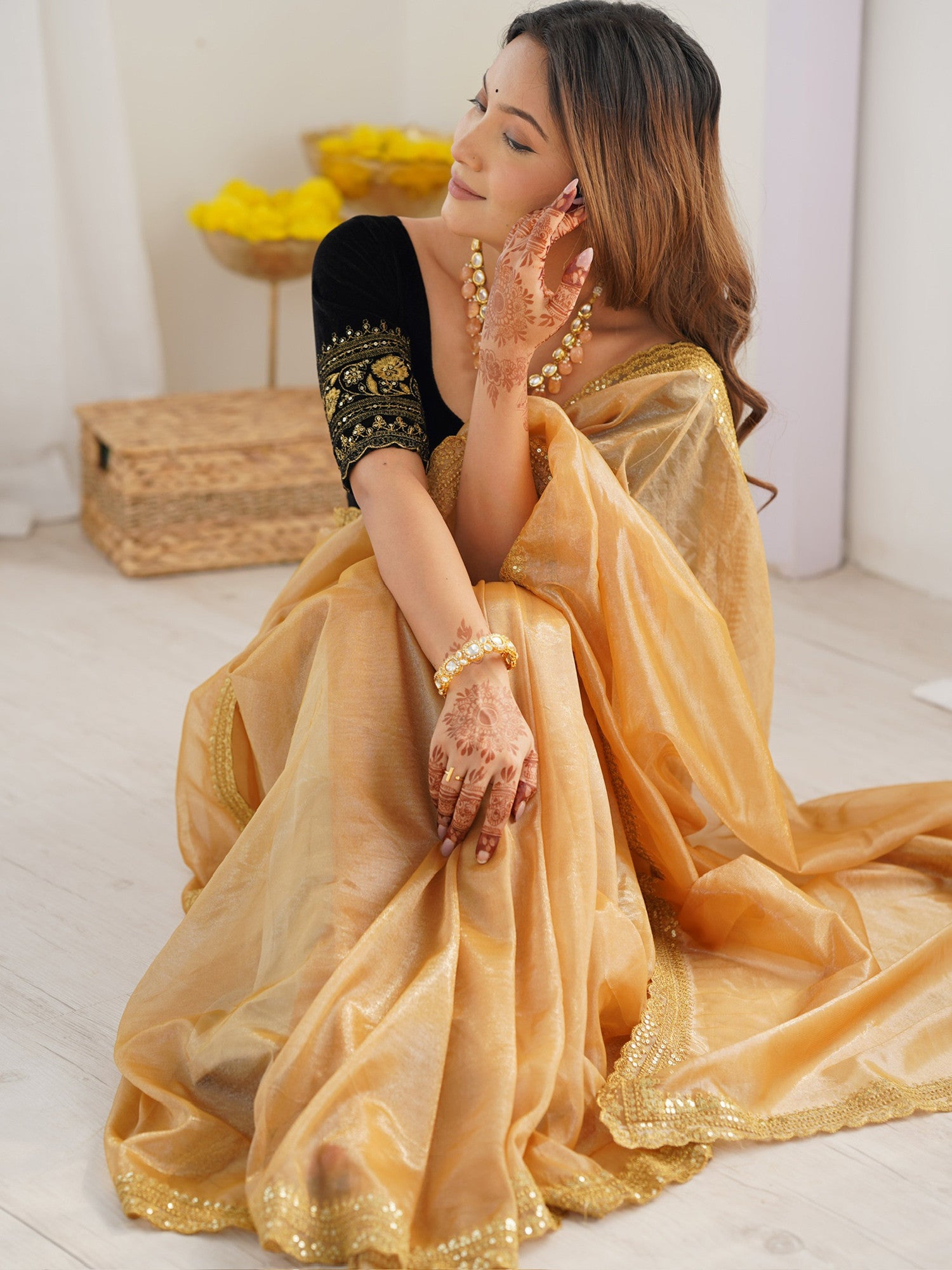 Women's Net Gold Embellished Designer Saree with Blouse Piece