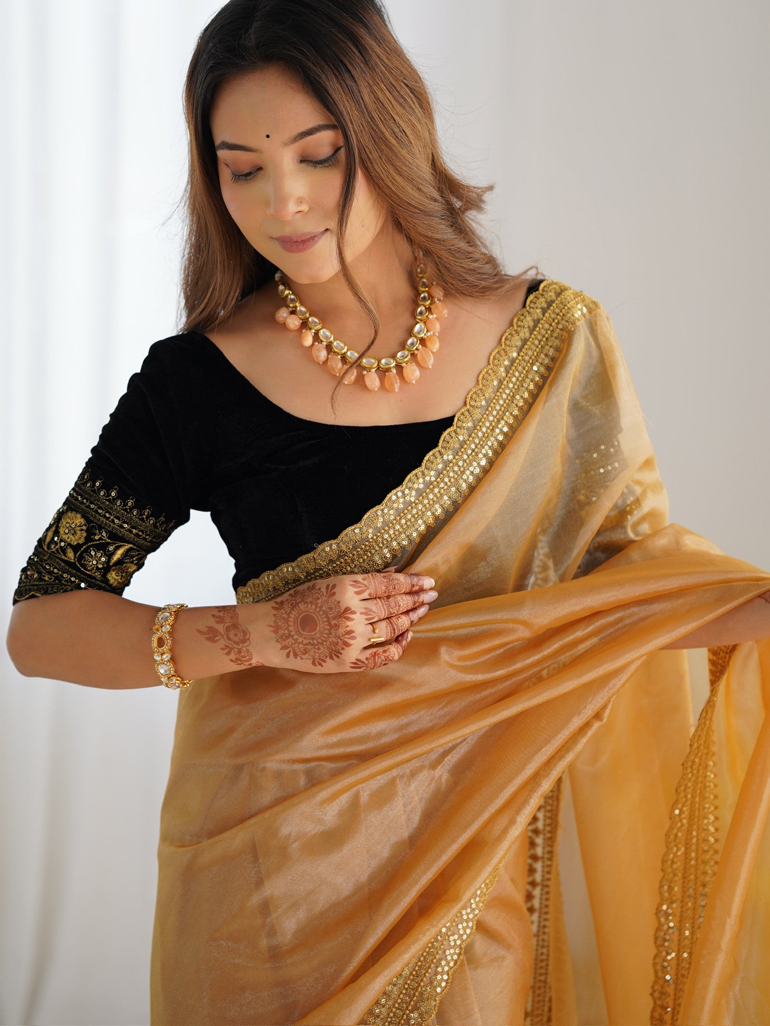 Women's Net Gold Embellished Designer Saree with Blouse Piece