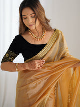 Women's Net Gold Embellished Designer Saree with Blouse Piece