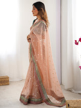 Women's Organza Orange Embellished Designer Saree with Blouse Piece