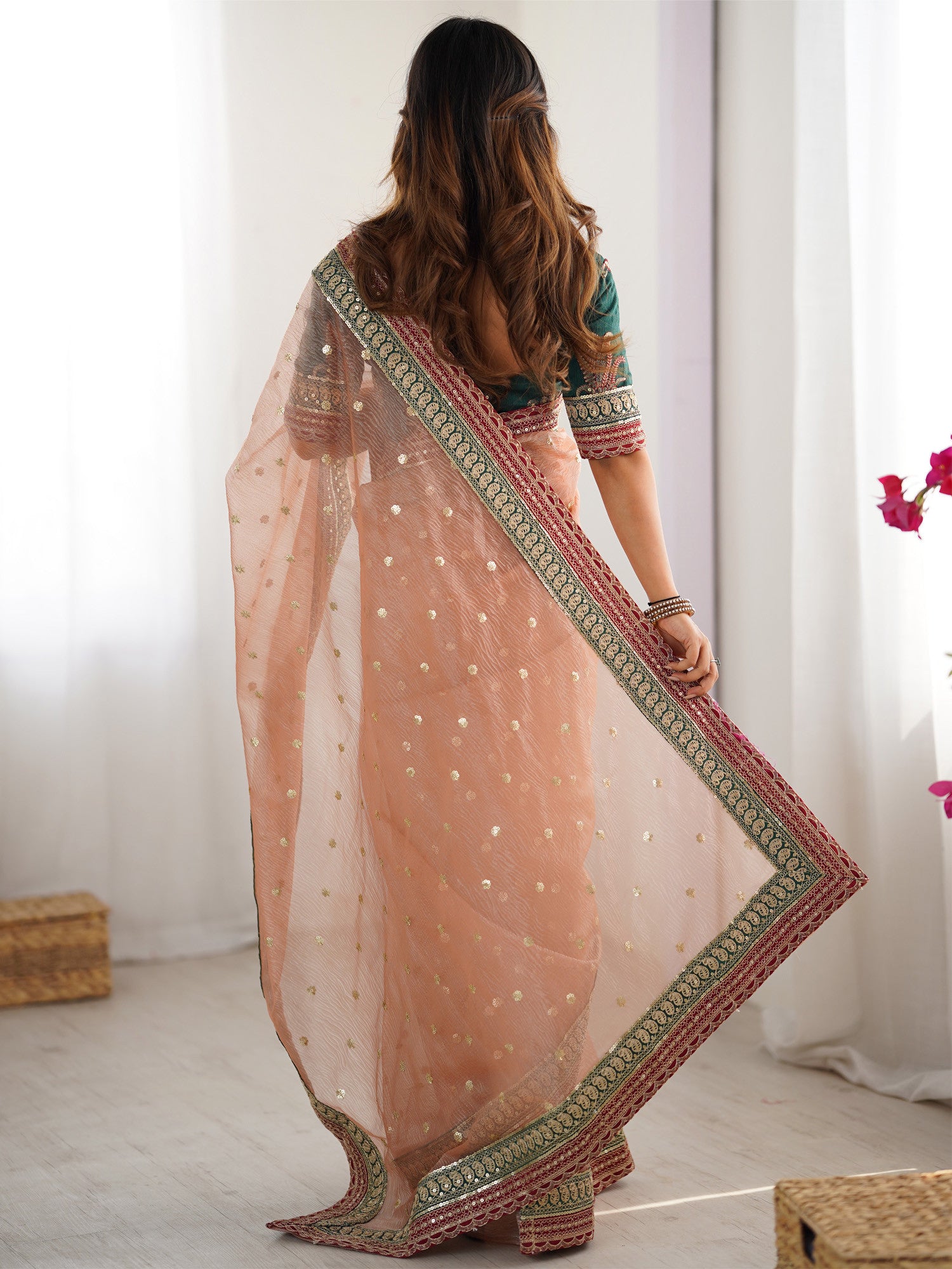 Women's Organza Orange Embellished Designer Saree with Blouse Piece