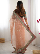 Women's Organza Orange Embellished Designer Saree with Blouse Piece