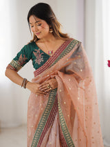 Women's Organza Orange Embellished Designer Saree with Blouse Piece