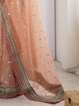 Women's Organza Orange Embellished Designer Saree with Blouse Piece