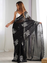 Women's Organza Black Embellished Designer Saree with Blouse Piece