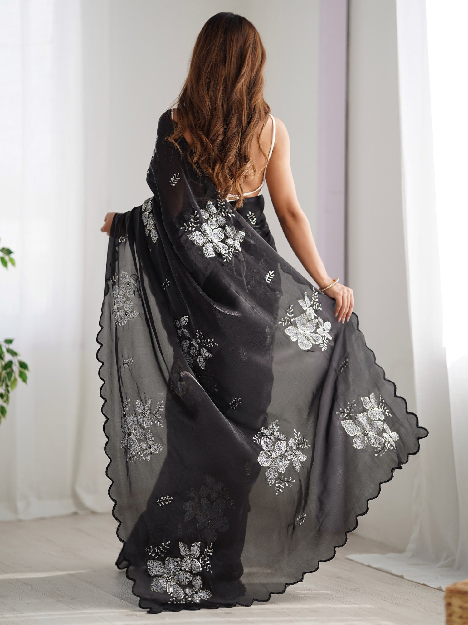Women's Organza Black Embellished Designer Saree with Blouse Piece
