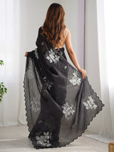 Women's Organza Black Embellished Designer Saree with Blouse Piece