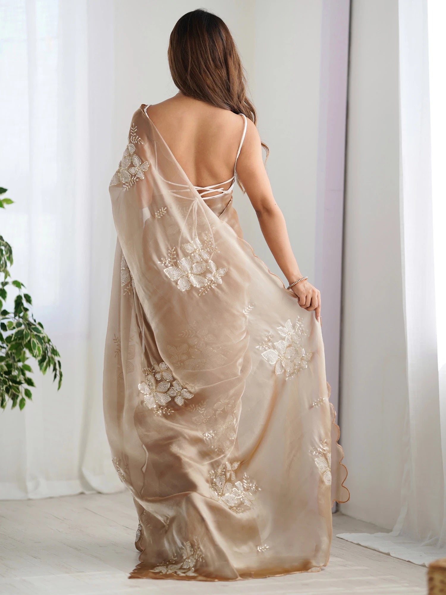 Women's Organza Beige Embellished Designer Saree with Blouse Piece