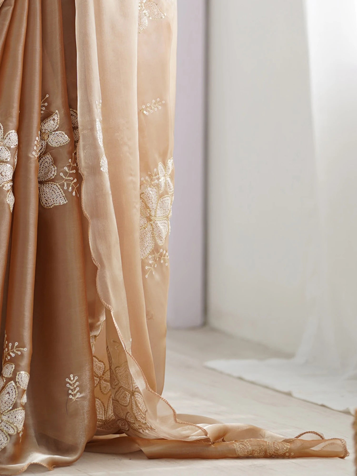 Women's Organza Beige Embellished Designer Saree with Blouse Piece