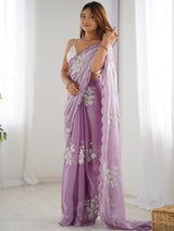 Women's Organza Purple Embellished Designer Saree with Blouse Piece